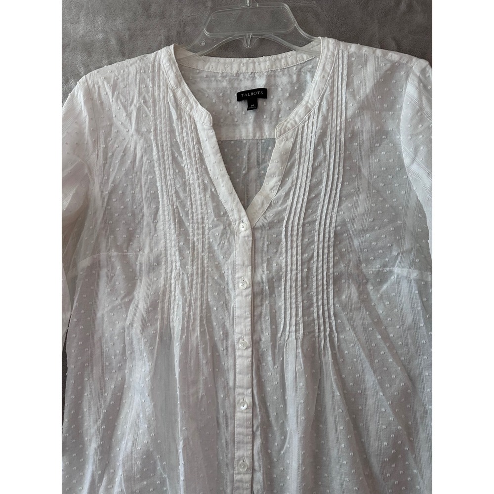 Talbots White Swiss Dot Pintuck Top Womens‎ Medium 3/4 Sleeve Cotton Blouse - Picture 7 of 10